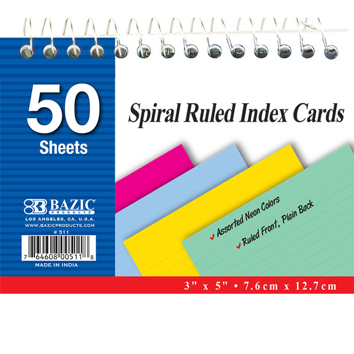 bazic 50 ct. spiral bound 3x5 ruled colored index cards -- 36 per case