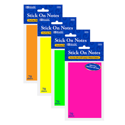 70 ct. 3 inch x 5 inch neon stick on notes -- 24 per box