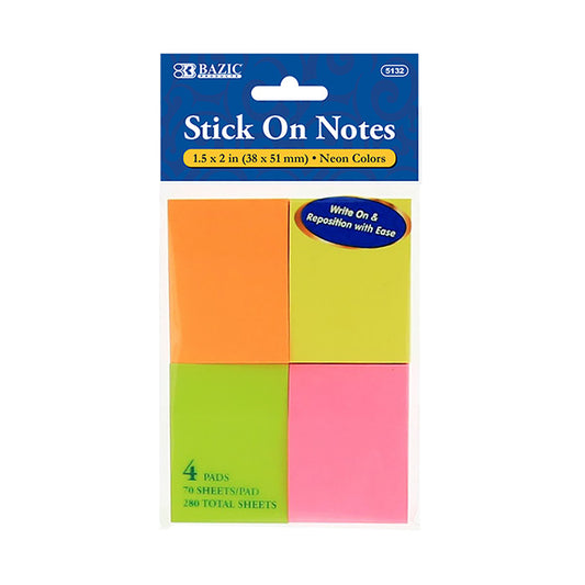 bazic 1.5x2 neon stick on notes - 4/pack - 144/case -- 24 per box