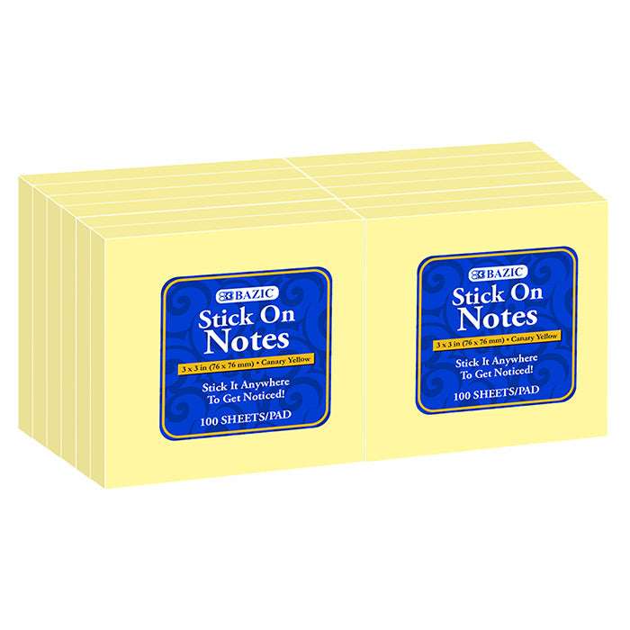 100 ct. 3 inch x 3 inch yellow stick on notes 12 shrink -- 12 per case