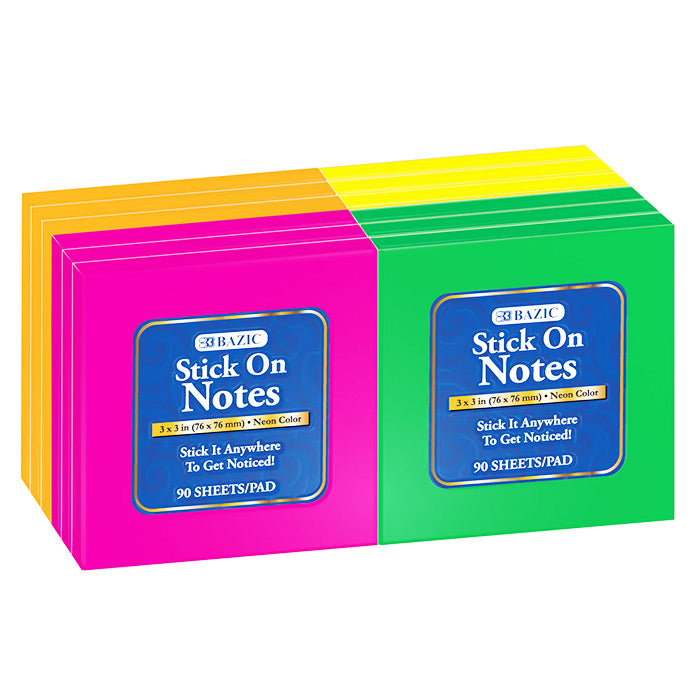 90 ct. 3 inch x 3 inch neon stick on notes 12 shrink -- 12 per case