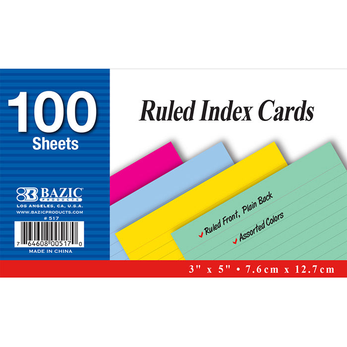 3x5 ruled colored index cards - bulk - aa pack -- 36 per case