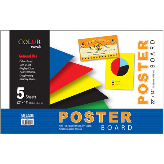 bazic 22x14 poster board - assorted colors - 5 pack -- 48 per case