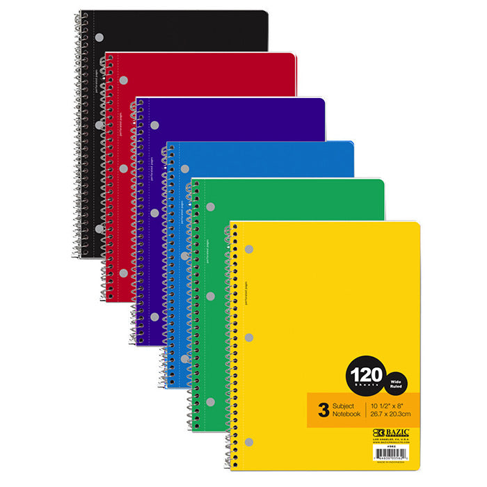 bazic 3 subject spiral notebooks - 120 sheets -- 24 per case