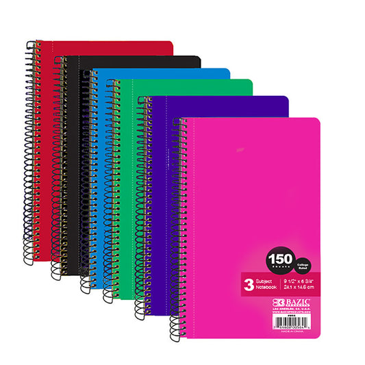 bazic 9.5 in x 5.75 in 3-subject spiral notebooks  -- 24 per case