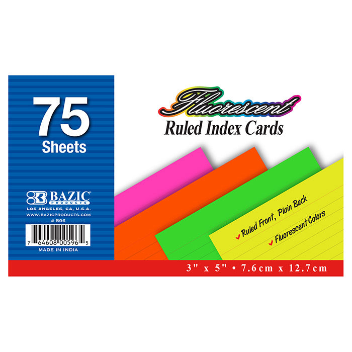 fluorescent color index cards - 75 ct 3x5 ruled -- 36 per case