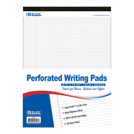 white perforated writing pads - 50 sheets - bazic -- 48 per case