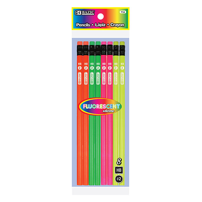 bazic fluorescent wood pencils with eraser -  -- 24 per box