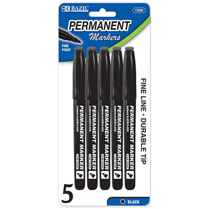 bazic black fine tip permanent markers with pocket clip - 5/pack  -- 24 per box