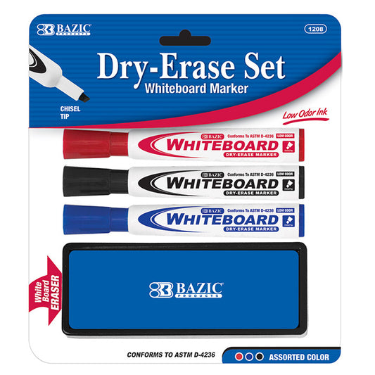 bazic chisel tip dry-erase markers with eraser - assorted colors -- 24 per box