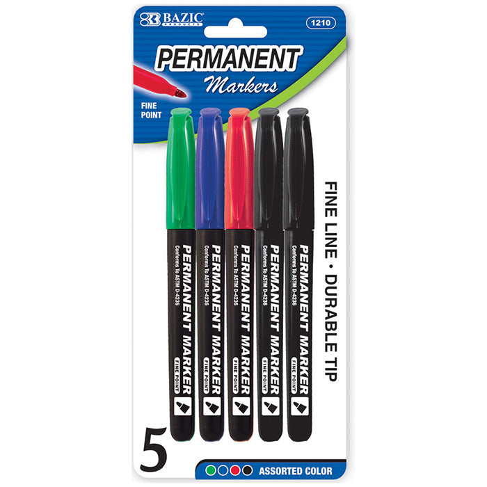 bazic fine tip permanent markers with pocket clip - 5 pack - 144 -- 24 per box