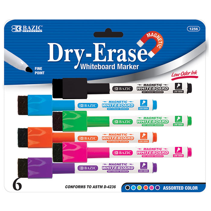 bazic bright colors magnetic dry-erase markers - 6 pack -- 12 per box