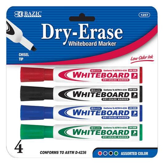 bazic assorted color chisel tip dry erase markers - 4 pack  -- 24 per box