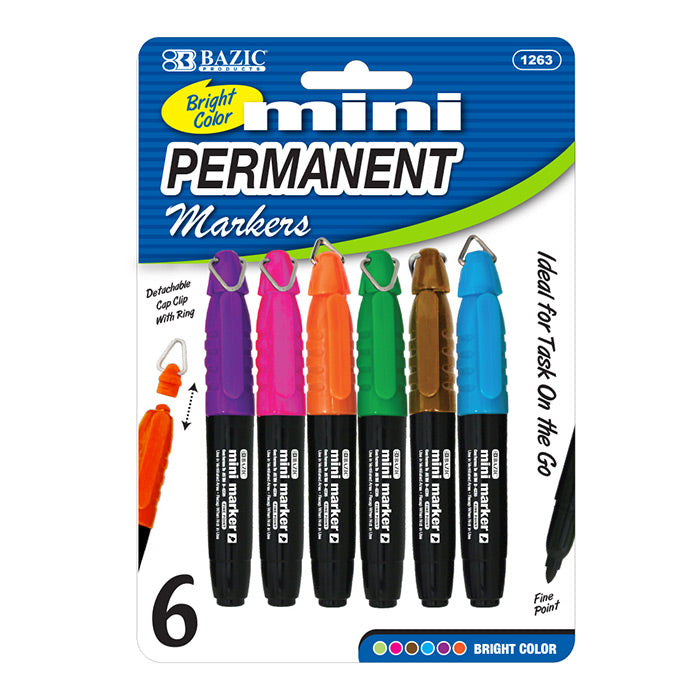 bazic fancy colors mini fine point permanent markers - w/ cap clip - 144/case -- 24 per box