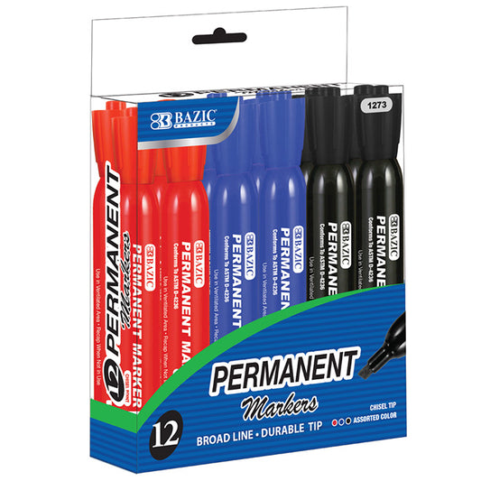 bazic assorted colors chisel tip desk style permanent markers - 72/box -- 12 per box