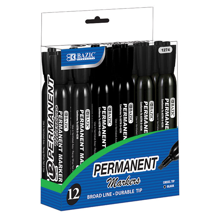 bazic black colors chisel tip desk style permanent markers -- 12 per box