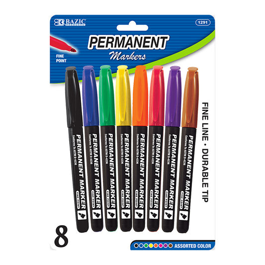 bazic fine tip permanent markers - assorted colors - 8/pack - 144/case -- 24 per box