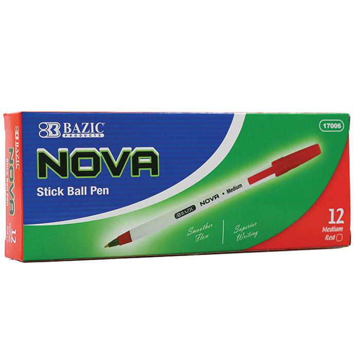 bazic nova red color stick pens - zz box  -- 12 per box