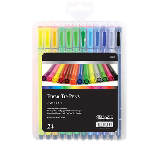 bazic 24 color washable fiber tip pens -- 12 per box