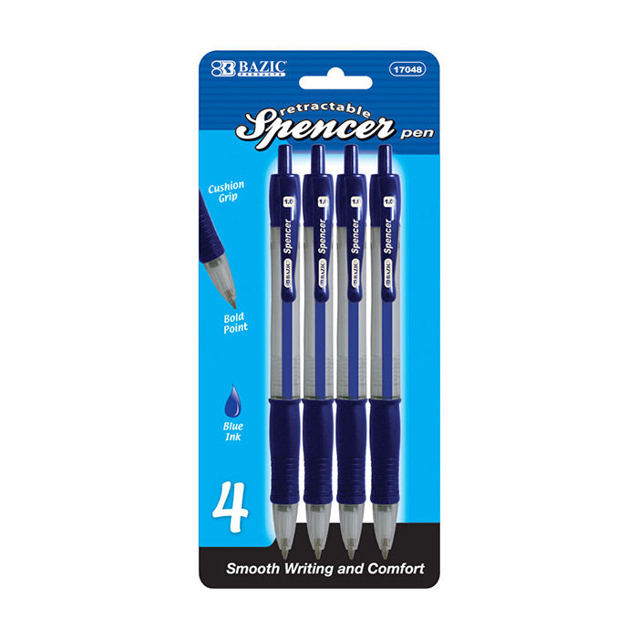 spencer blue retractable pens with cushion grip - 4 pack -  -- 24 per box