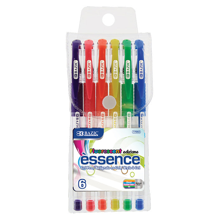 bazic 6 fluorescent color gel pens - cushion grip - 144/case -- 24 per box