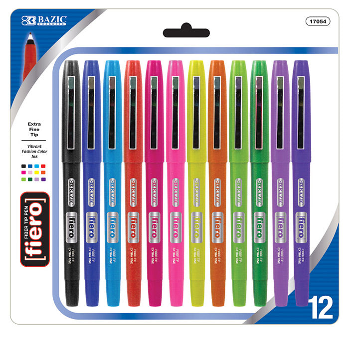 bazic 12 color fiero fiber tip fineliner pen set -- 12 per box