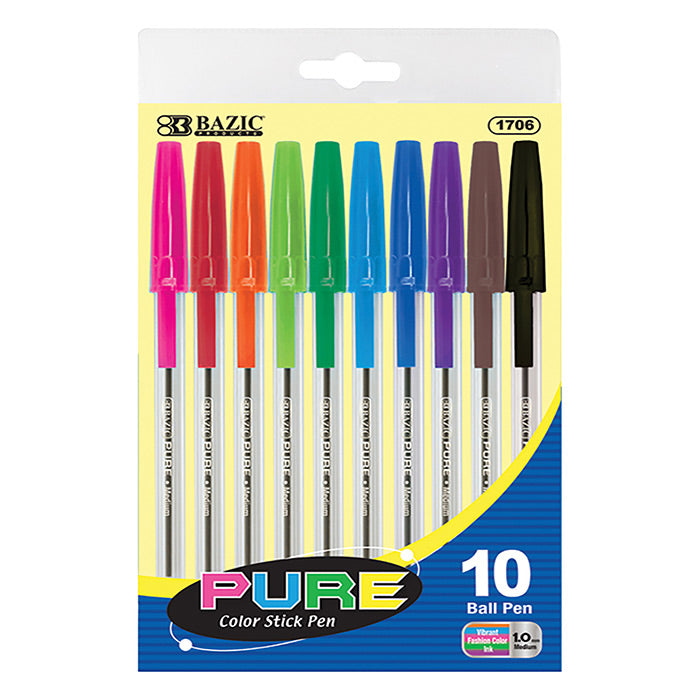 bazic 10 neon color stick pens - bulk pack of 144 -- 24 per box