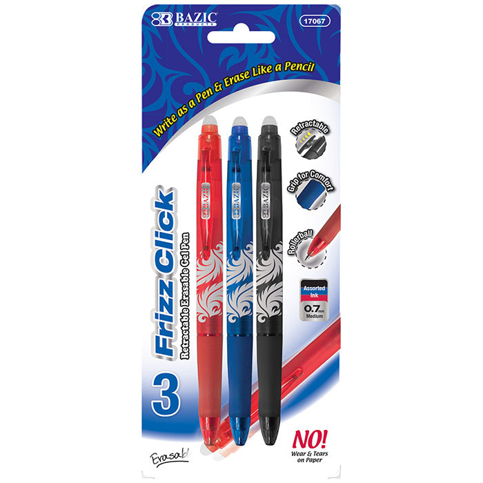 frizz erasable pens - 3 pack - assorted colors - bulk  -- 24 per box