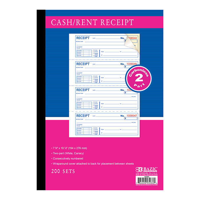 200 sets 7 5 8 inch x 10 7 8 inch 2- part carbonless spiral bound cash or rent receipt book -- 12 per case