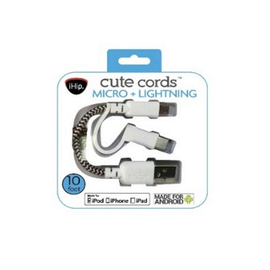 i hip cute cords 10 foot braided 2-in-1 1 mfi i phone lightning and micro usb cable -- 8 per box