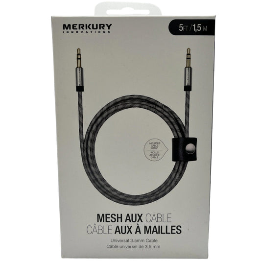 merkury 5 foot mesh two tone 3.5mm aux audio cable with metal tip in black -- 30 per box