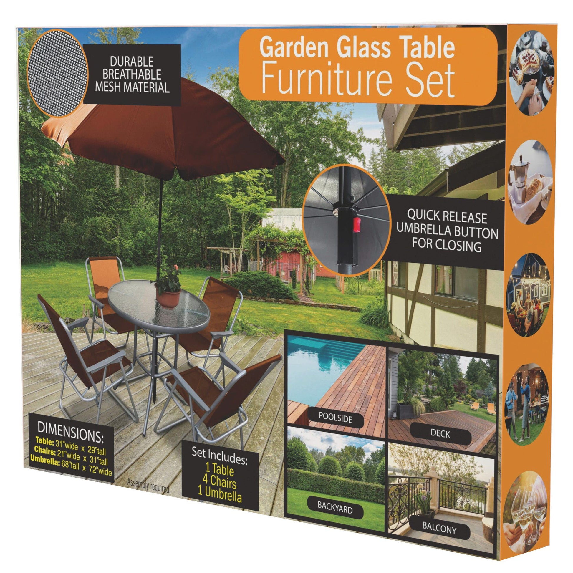 tan 6 piece outdoor garden glass table furniture set with chairs and umbrella -- 2 per case