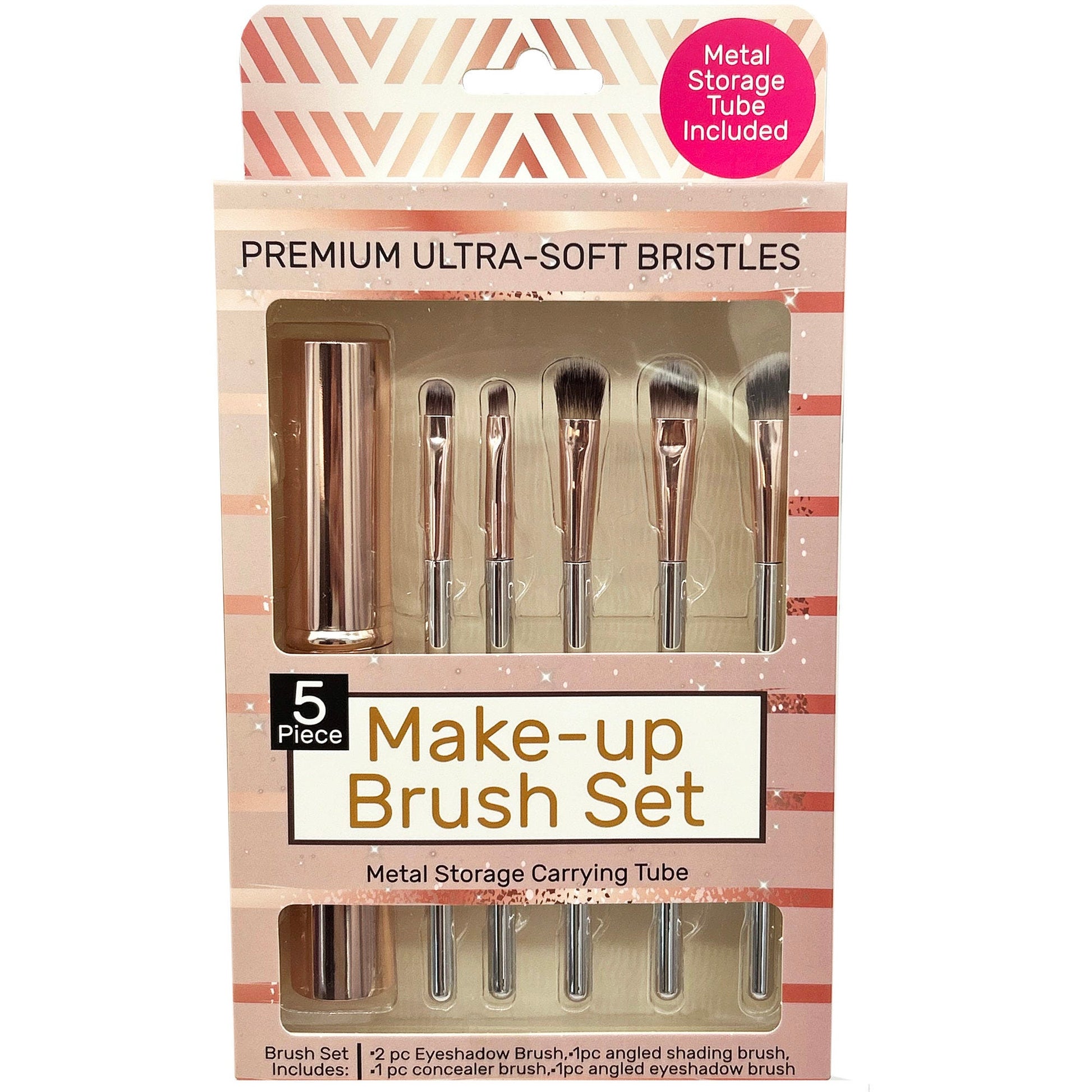 5 pack cosmetic brush set with metal storage carrying tube -- 24 per box