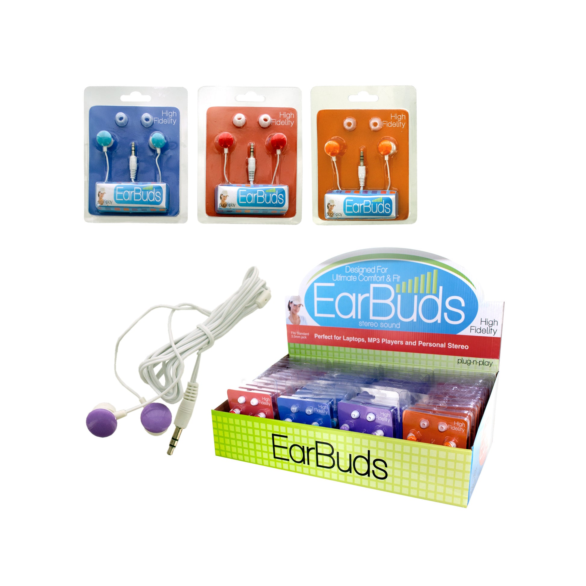 colorful ear buds countertop display -- 24 per box