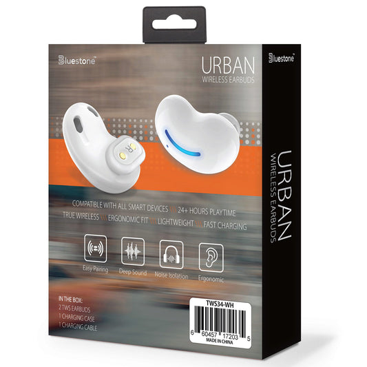 urban true wireless bluetooth earbuds with charging case in white -- 6 per box