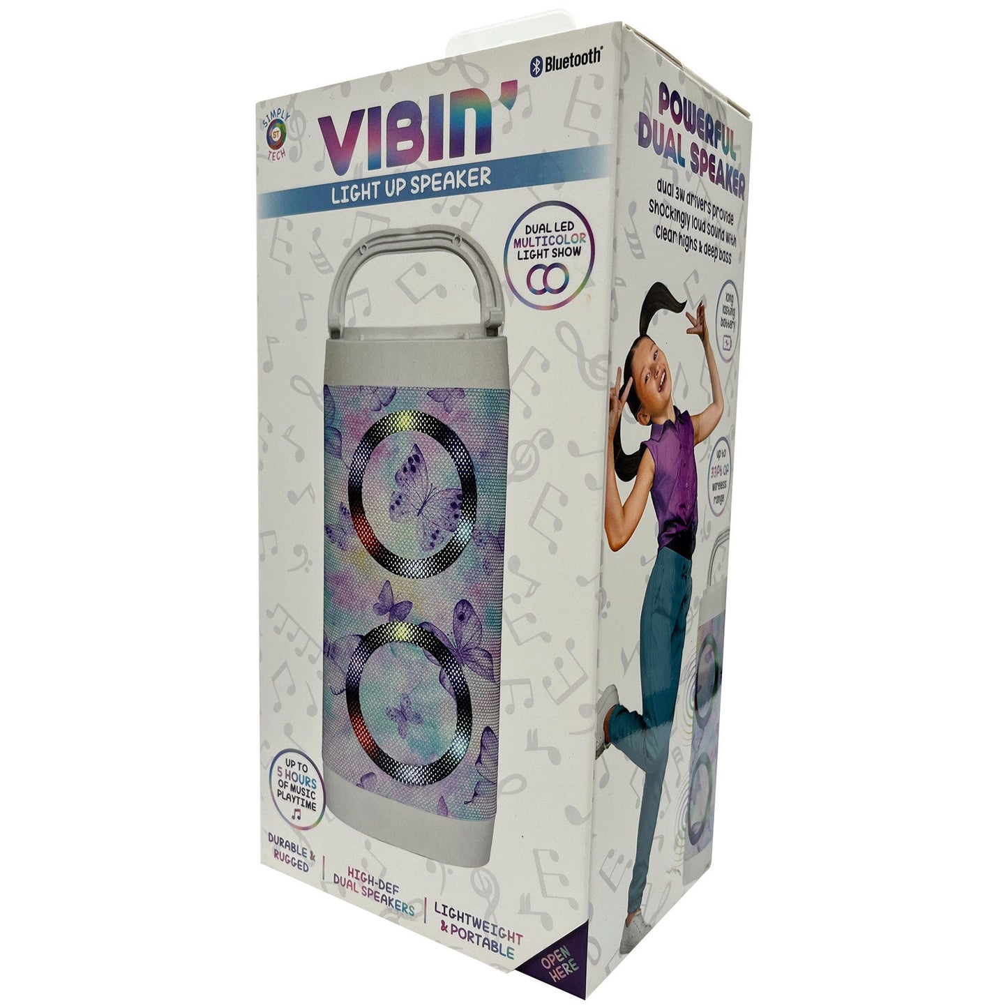 vibin fabric- printed dual led bluetooth speaker with handle in purple butterfly design -- 5 per box