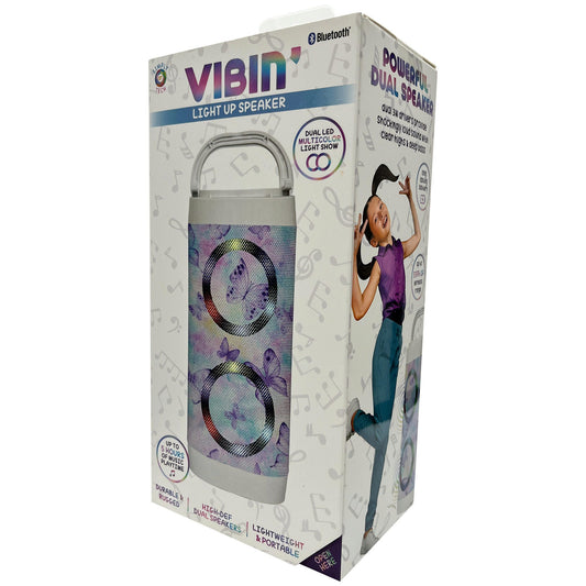 vibin fabric- printed dual led bluetooth speaker with handle in purple butterfly design -- 5 per box