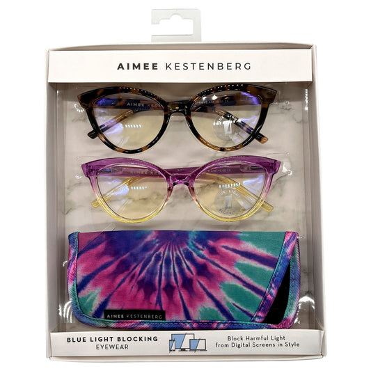 2 pack aimee kestenberg cateye blue light 1.50 reading glasses in purple ombre tortoise with tie -- 10 per box