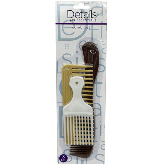 3 piece large detangling and afro pick styling hair comb set -- 42 per box