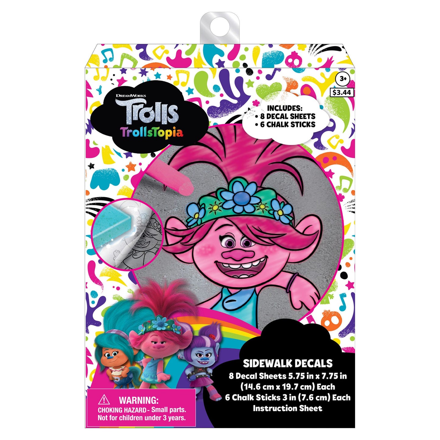 trolls trollstopia chalk decals kit with 6 chalk sticks and 8 decals -- 24 per case