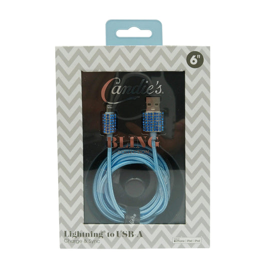 candie s bling collection 6 foot braided mfi i phone lightning cable in blue -- 12 per box