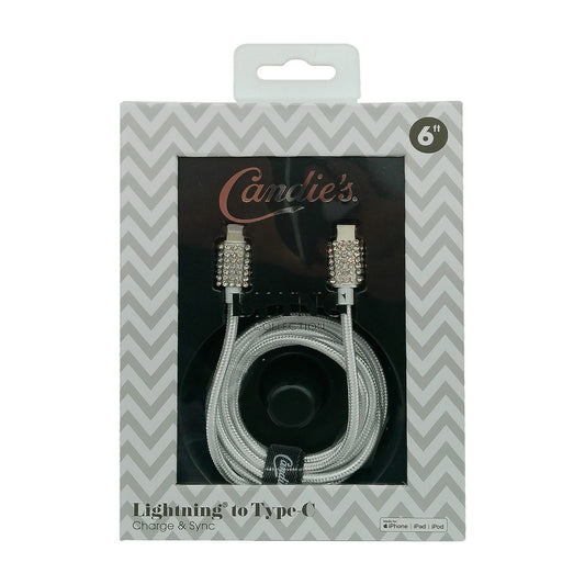 candie s bling collection 6 foot braided usb c to mfi i phone lightning cable in silver -- 6 per box