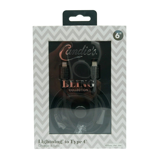 candie s bling collection 6 foot braided usb c to mfi i phone lightning cable in black -- 6 per box