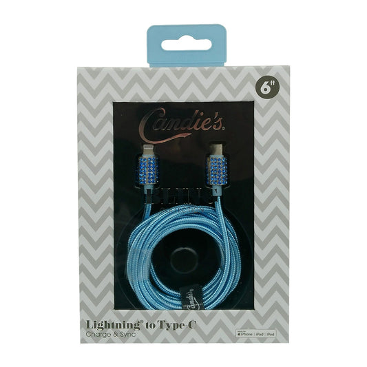 candie s bling collection 6 foot braided usb c to mfi i phone lightning cable in blue -- 6 per box