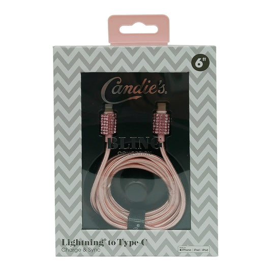 candie s bling collection 6 foot braided usb c to mfi i phone lightning cable in pink -- 6 per box