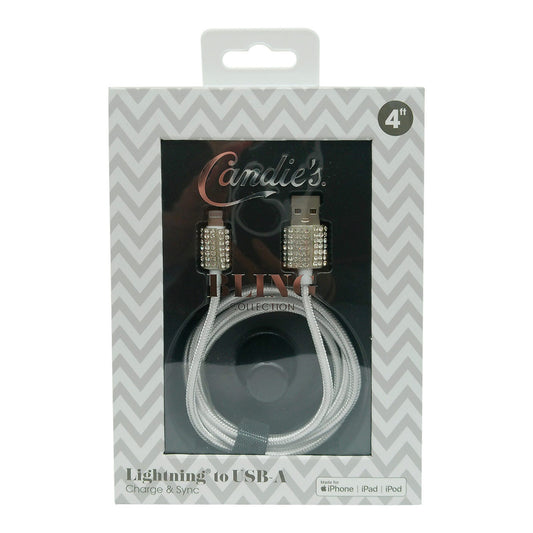 candie s bling collection 4 foot braided mfi i phone lightning cable in silver -- 12 per box