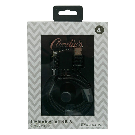 candie s bling collection 4 foot braided mfi i phone lightning cable in black -- 12 per box