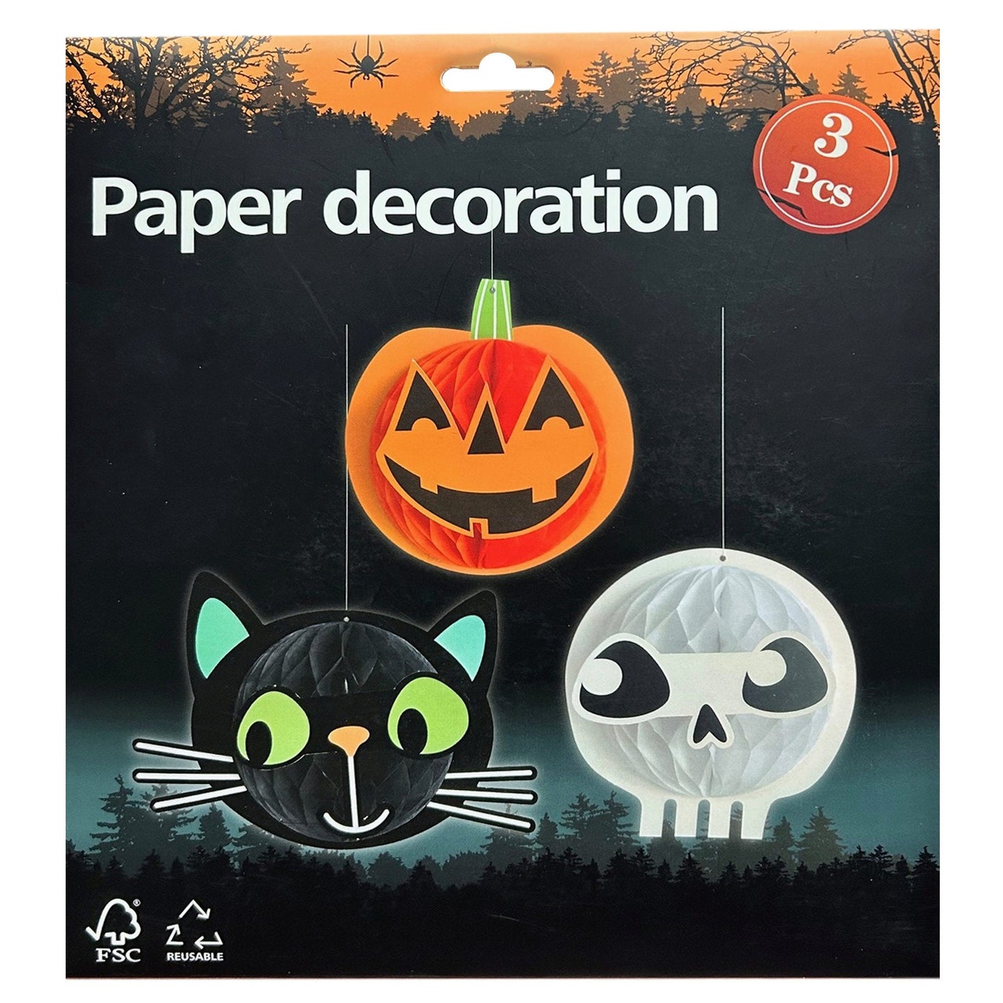 3 piece honeycomb paper hanging indoor halloween decorations pumpkin cat ghost -- 10 per box