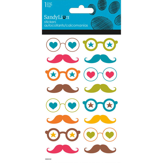 glitter glasses mustaches clear stickers -- 78 per box