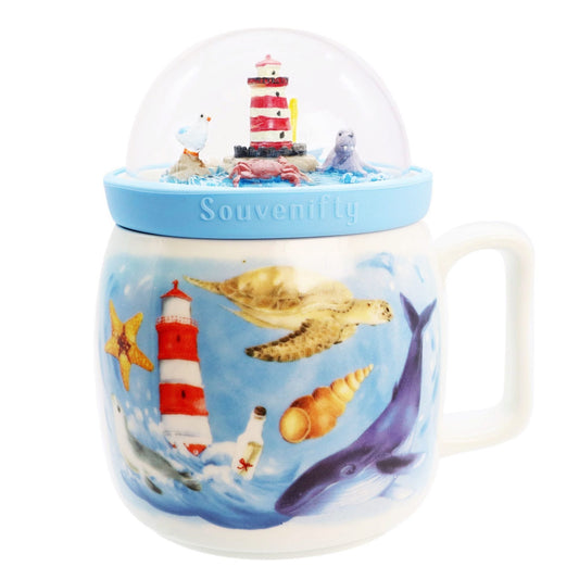 12 oz ceramic lighthouse mug with decorative dome lid -- 14 per box